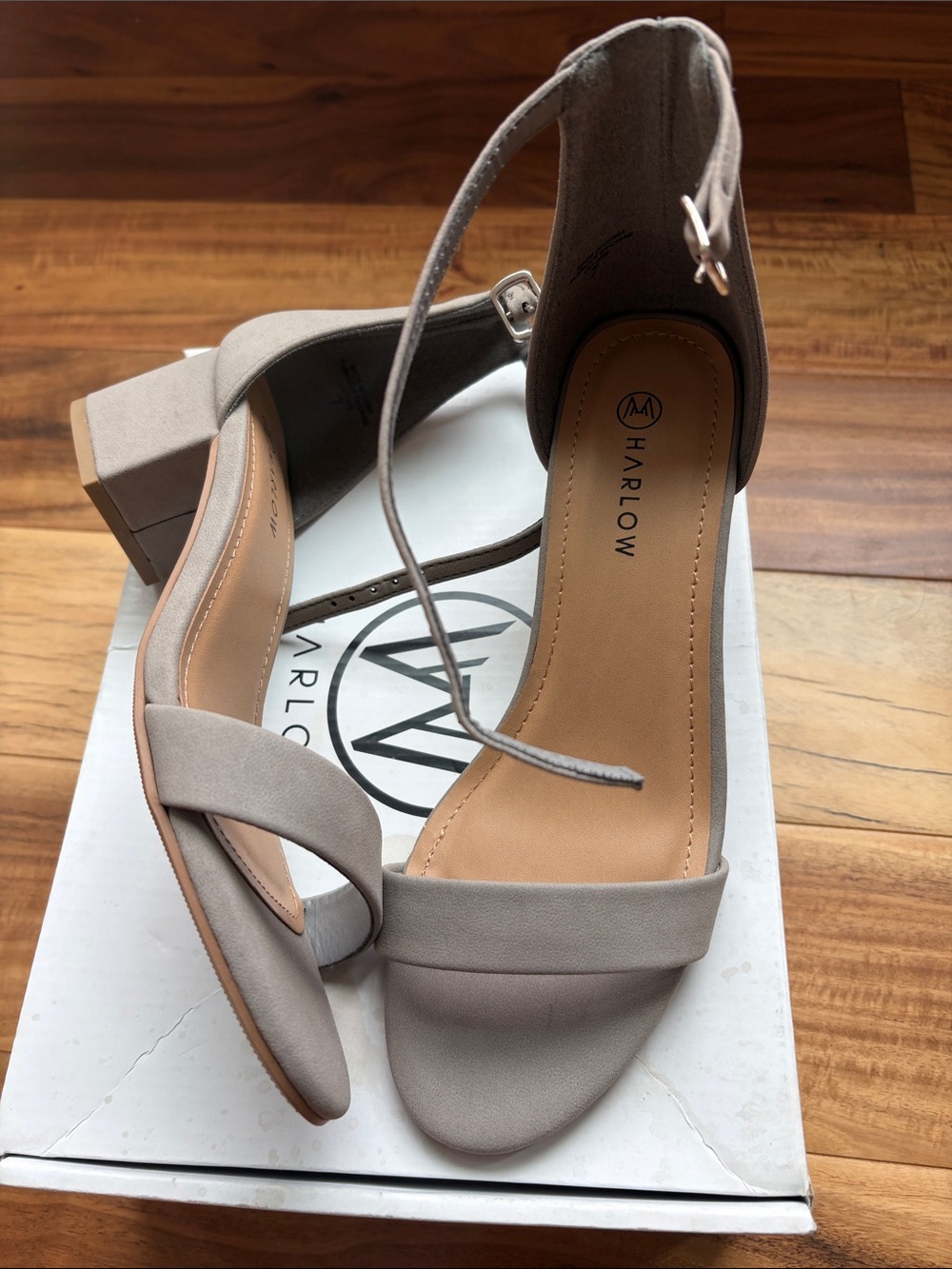Harlow Women's Ankle Strap Block Heel Sandal in Taupe
